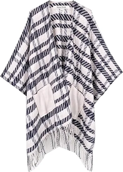 White-Black Winter Chic Plaid Poncho Cardigan