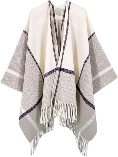 White-Black Winter Chic Plaid Poncho Cardigan