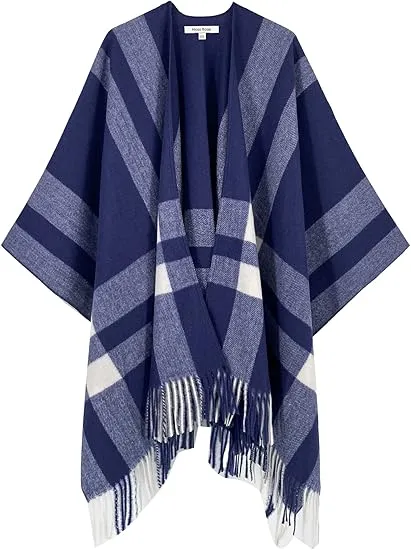 White-Black Winter Chic Plaid Poncho Cardigan