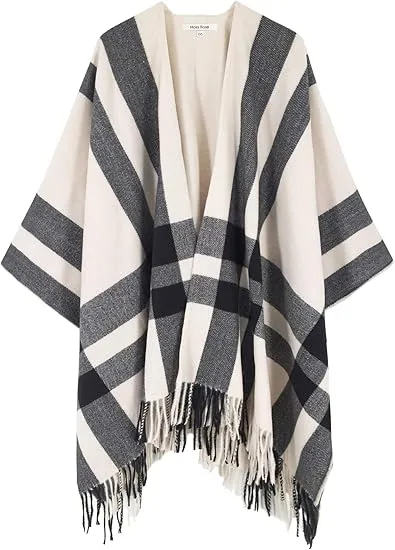 White-Black Winter Chic Plaid Poncho Cardigan
