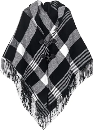 White-Black Winter Chic Plaid Poncho Cardigan