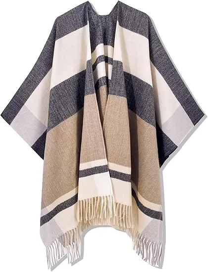 White-Black Winter Chic Plaid Poncho Cardigan