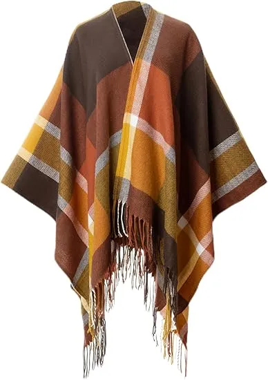 White-Black Winter Chic Plaid Poncho Cardigan