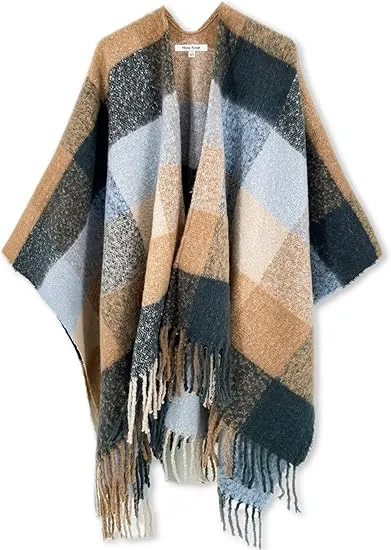 White-Black Winter Chic Plaid Poncho Cardigan