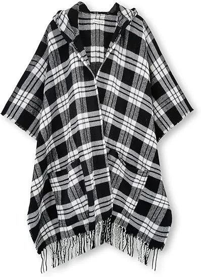 White-Black Winter Chic Plaid Poncho Cardigan
