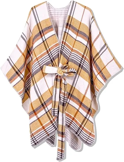 White-Black Winter Chic Plaid Poncho Cardigan