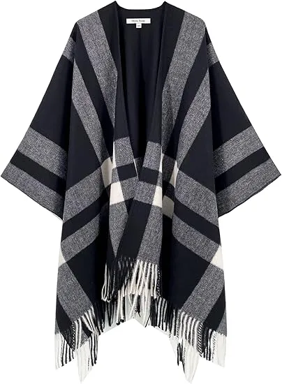 White-Black Winter Chic Plaid Poncho Cardigan