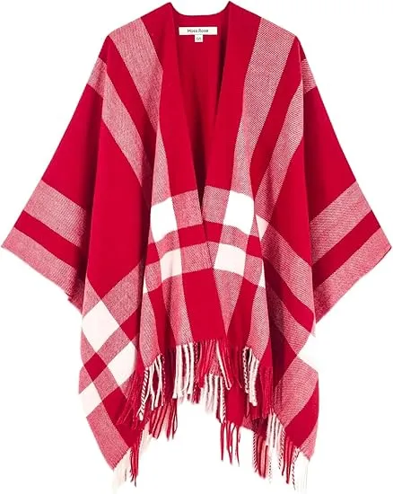 White-Black Winter Chic Plaid Poncho Cardigan