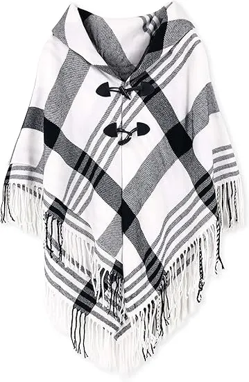 White-Black Winter Chic Plaid Poncho Cardigan