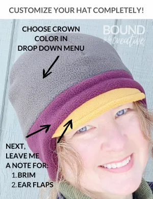 Winter Fleece Hat, Custom Color Earflap Hat, Trio Color Hat, Choose Your Colors Hat for Women