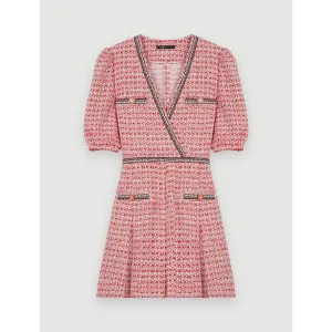 Women Tweed Dress With Ethnic Trim - Pink