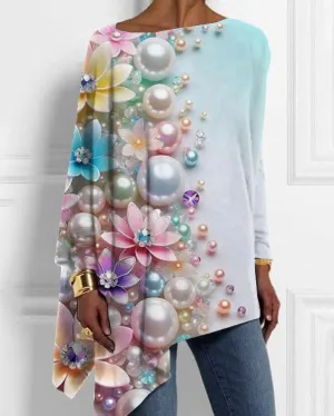 Women's Colorful 3D Pearl Print Irregular Top