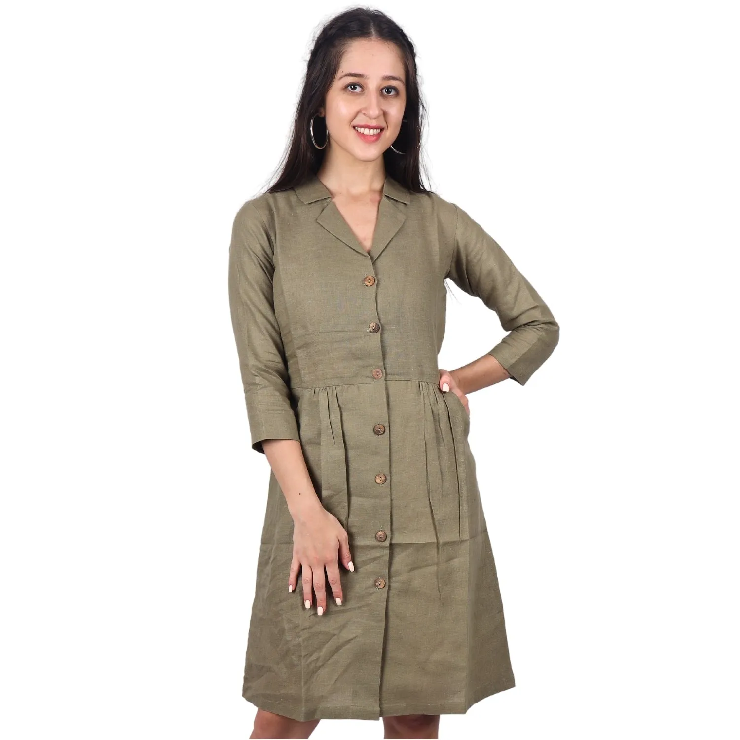 Women's V-Neck Summer Casual 3/4 Sleeve Button-Down Dress