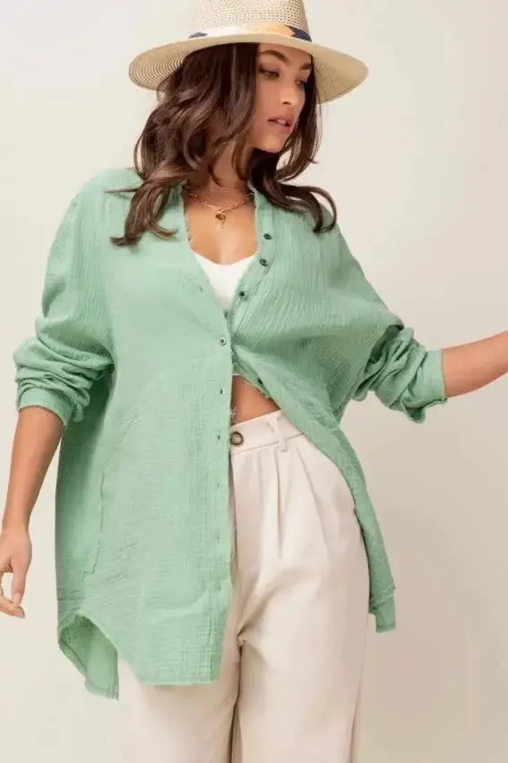 Wrinkle Cotton Gauze Button Down Tunic *Size Large*
