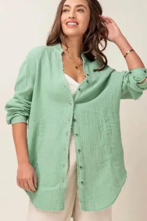 Wrinkle Cotton Gauze Button Down Tunic *Size Large*