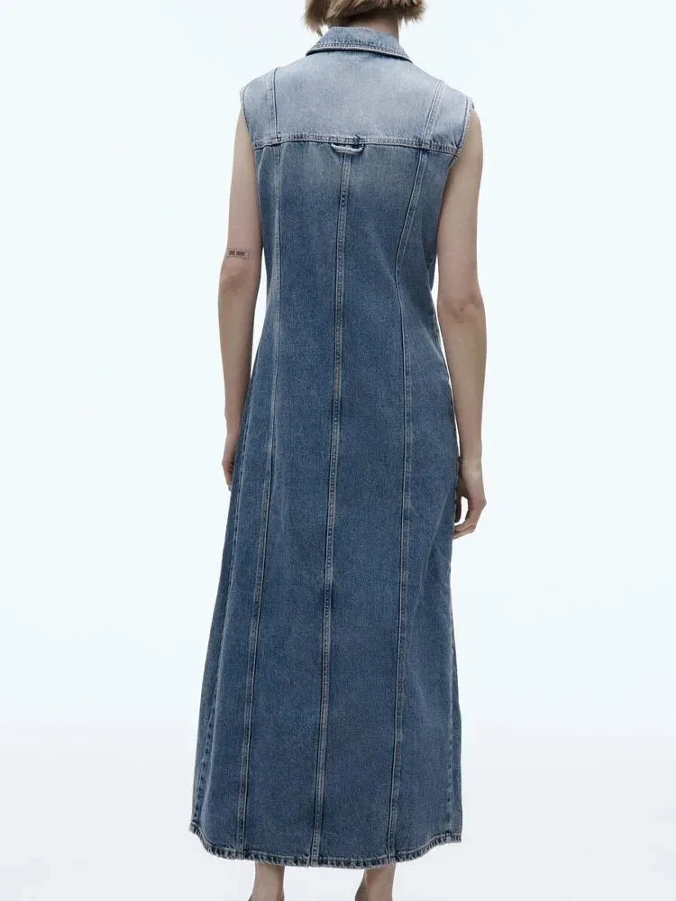 xakxx- New women's  temperament fashion versatile lapel sleeveless long denim dress
