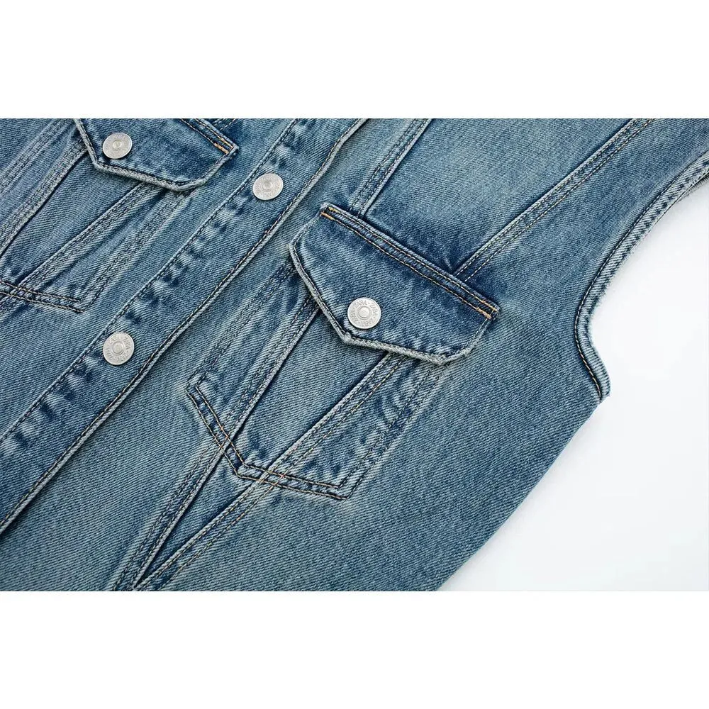 xakxx- New women's  temperament fashion versatile lapel sleeveless long denim dress
