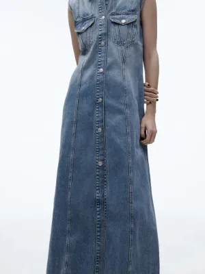 xakxx- New women's  temperament fashion versatile lapel sleeveless long denim dress