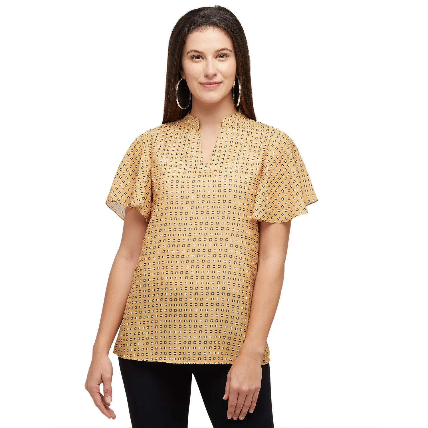 Yellow Printed Flared Short Sleeves Top