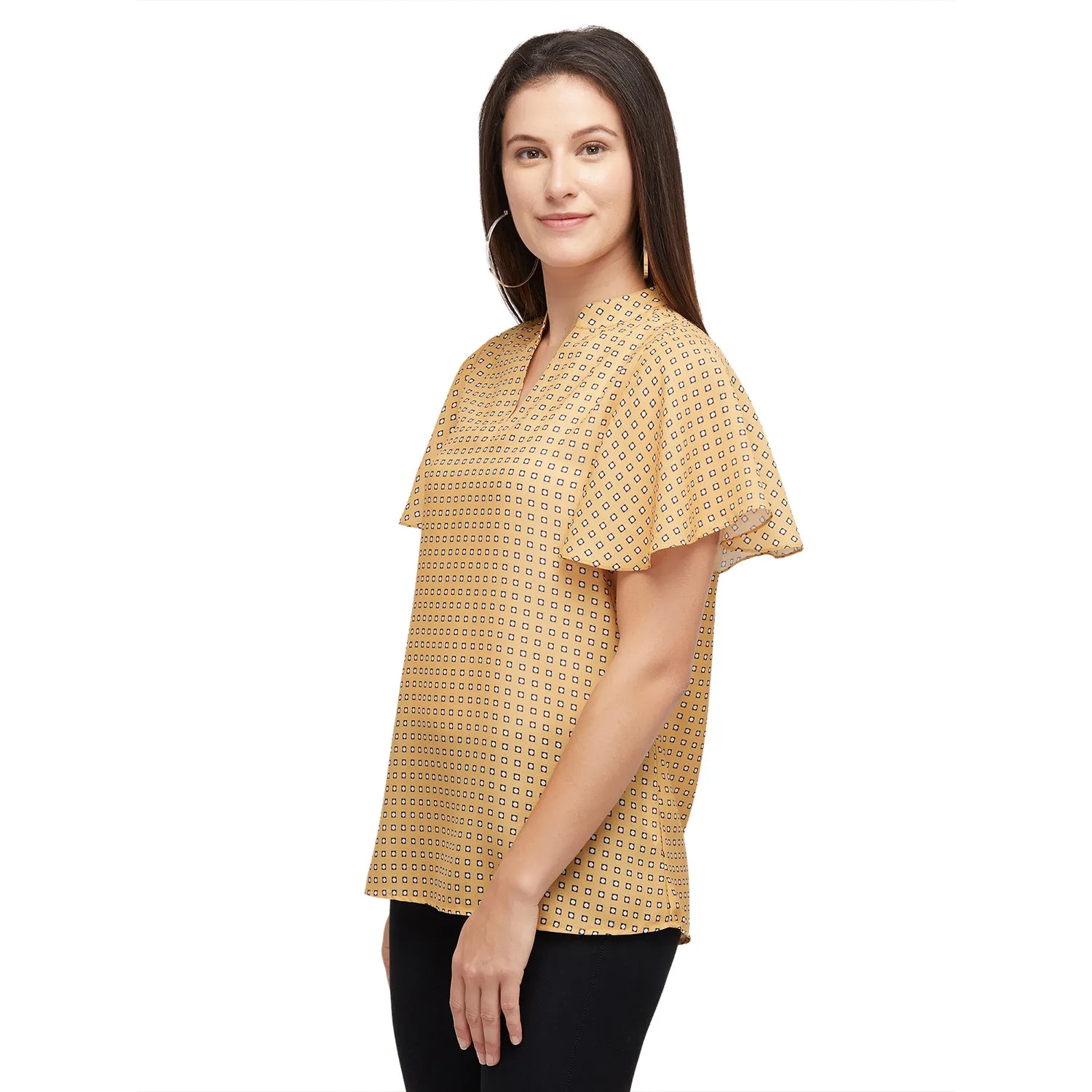 Yellow Printed Flared Short Sleeves Top